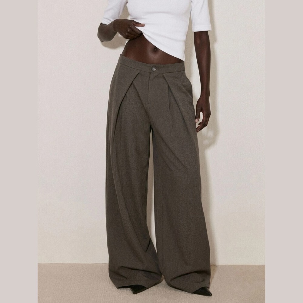 Taupe Brown Pleated Front Wide Leg Trousers